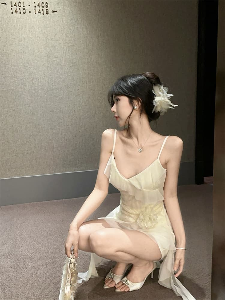 실사 핫걸 불규칙 프릴 캐미솔 디자인 센스 3 차원 꽃 망사 패치워크 맨위 상세 이미지 9