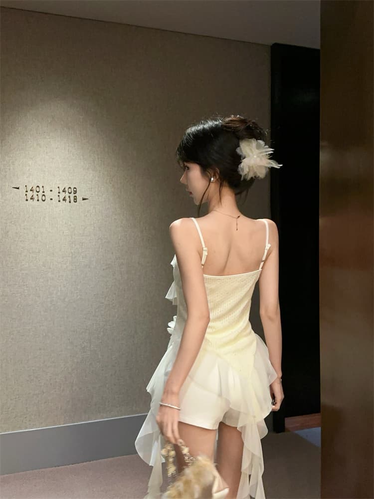 실사 핫걸 불규칙 프릴 캐미솔 디자인 센스 3 차원 꽃 망사 패치워크 맨위 상세 이미지 10