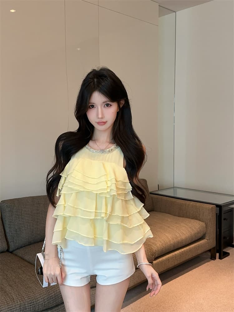 실사 작은 대중 달콤한 스타일 품격 프릴 단색 무거운 작업 민소매 층 케이크 쉬폰 톱 이미지 3
