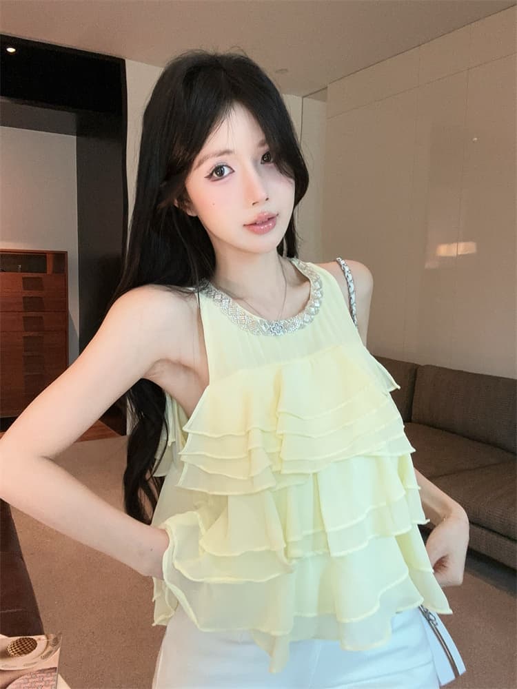 실사 작은 대중 달콤한 스타일 품격 프릴 단색 무거운 작업 민소매 층 케이크 쉬폰 톱