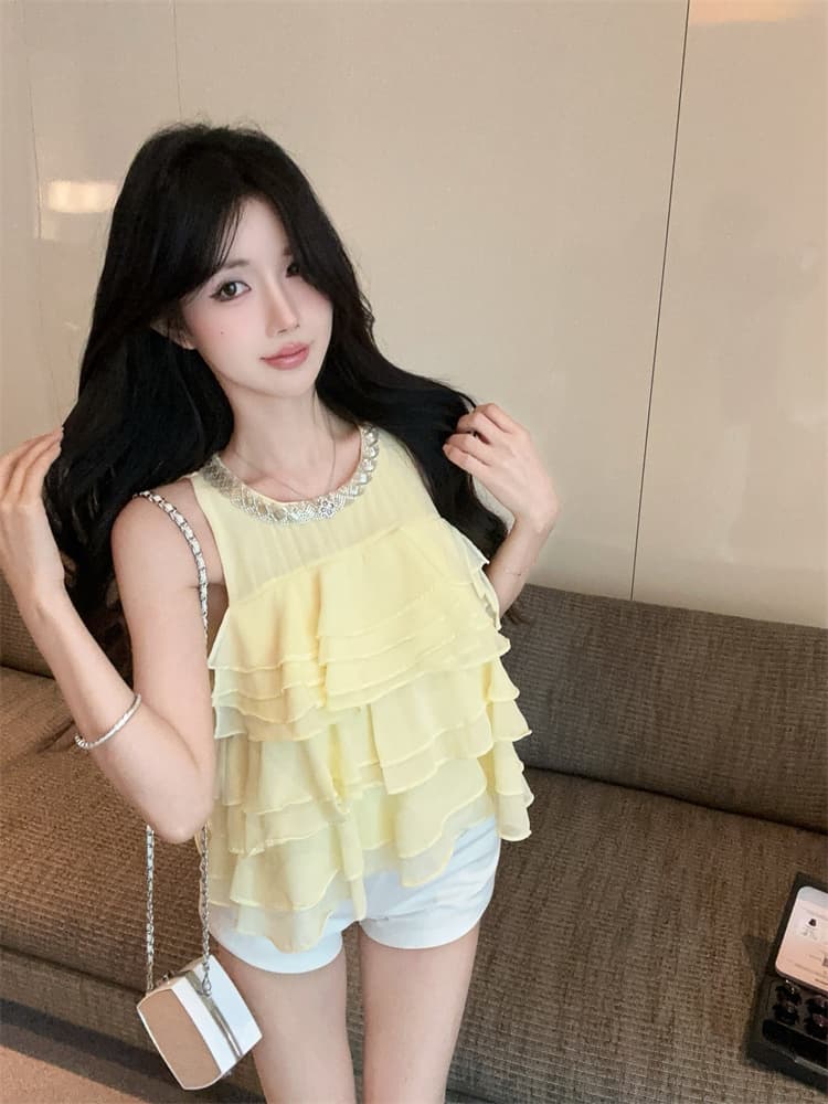 실사 작은 대중 달콤한 스타일 품격 프릴 단색 무거운 작업 민소매 층 케이크 쉬폰 톱 상세 이미지 1