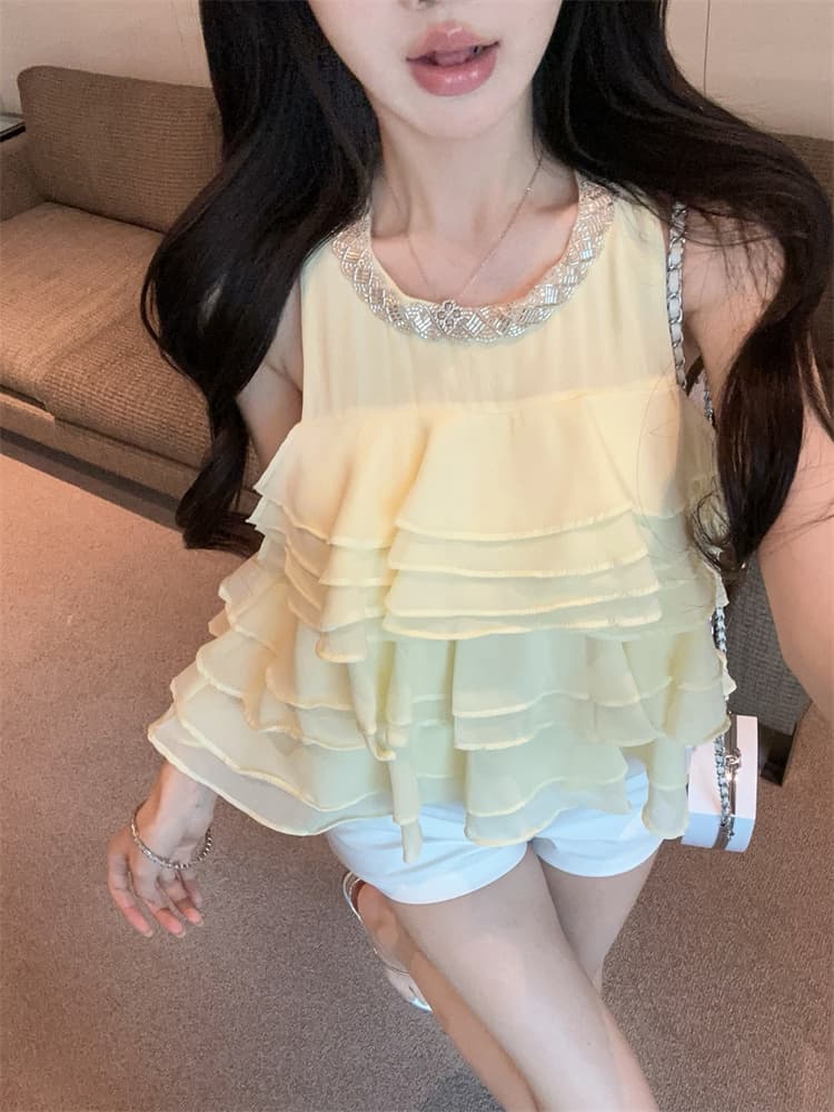 실사 작은 대중 달콤한 스타일 품격 프릴 단색 무거운 작업 민소매 층 케이크 쉬폰 톱 상세 이미지 4