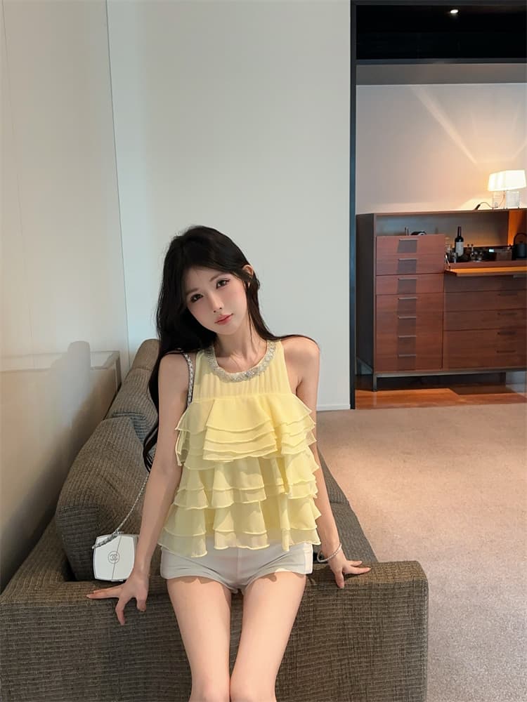 실사 작은 대중 달콤한 스타일 품격 프릴 단색 무거운 작업 민소매 층 케이크 쉬폰 톱 상세 이미지 7