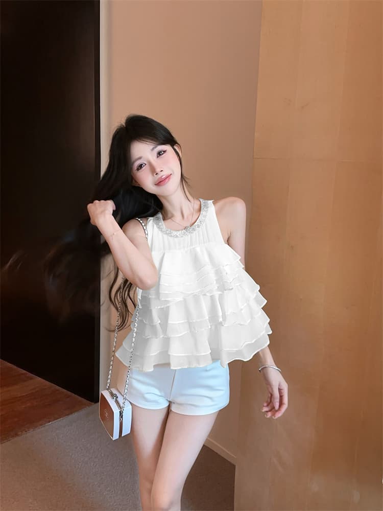 실사 작은 대중 달콤한 스타일 품격 프릴 단색 무거운 작업 민소매 층 케이크 쉬폰 톱 상세 이미지 14