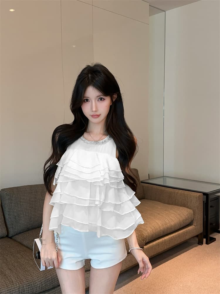 실사 작은 대중 달콤한 스타일 품격 프릴 단색 무거운 작업 민소매 층 케이크 쉬폰 톱 상세 이미지 15