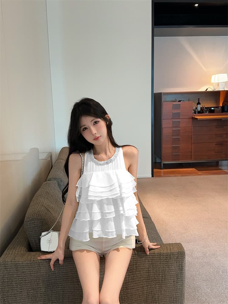 실사 작은 대중 달콤한 스타일 품격 프릴 단색 무거운 작업 민소매 층 케이크 쉬폰 톱 상세 이미지 16