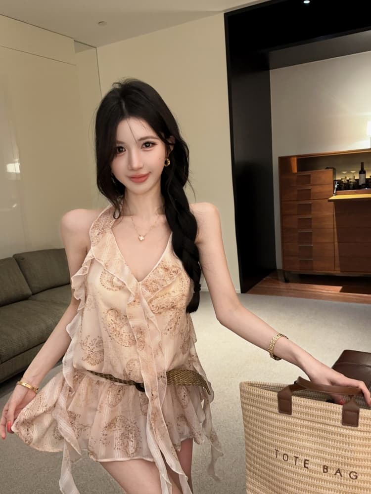 실사 프릴 불규칙 리본 프랑스식 꽃무늬 행침 목 캐미솔 몸매 가꾸기 민소매 맨위 이미지 2