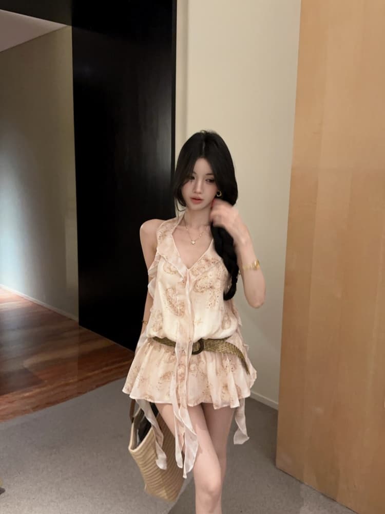 실사 프릴 불규칙 리본 프랑스식 꽃무늬 행침 목 캐미솔 몸매 가꾸기 민소매 맨위 상세 이미지 3