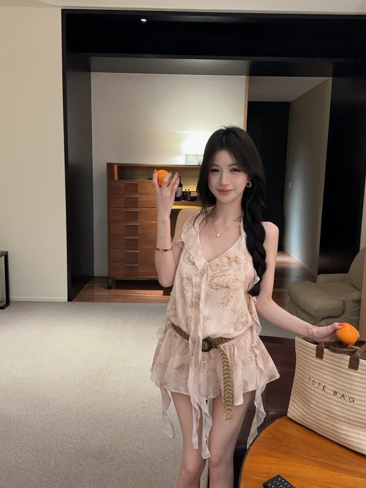 실사 프릴 불규칙 리본 프랑스식 꽃무늬 행침 목 캐미솔 몸매 가꾸기 민소매 맨위 상세 이미지 4