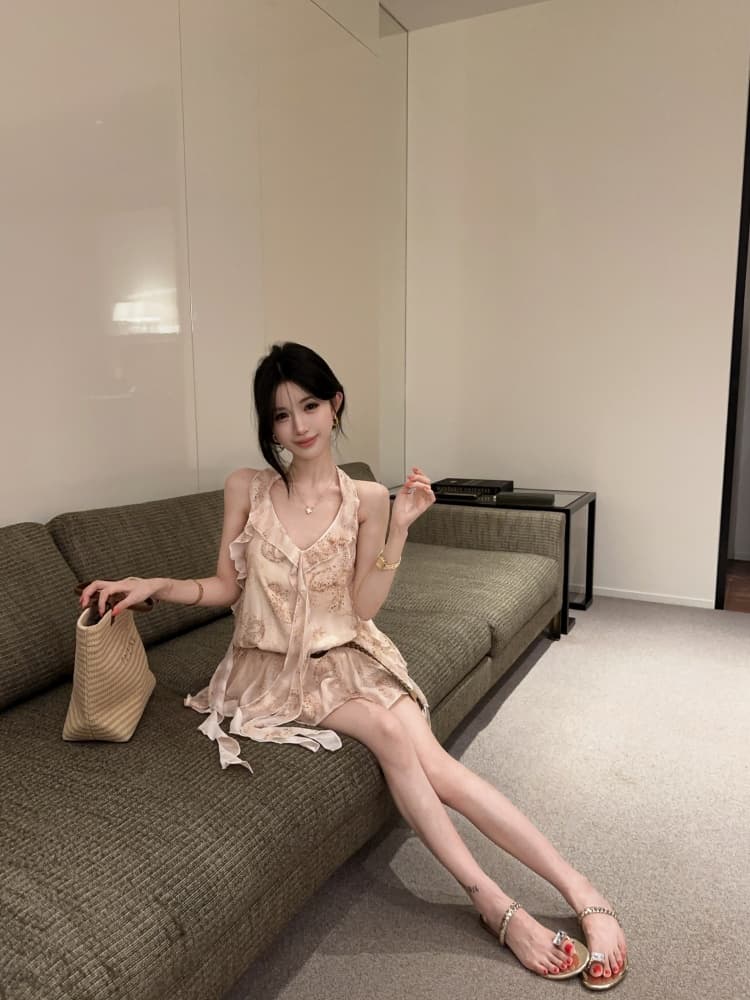 실사 프릴 불규칙 리본 프랑스식 꽃무늬 행침 목 캐미솔 몸매 가꾸기 민소매 맨위 상세 이미지 5