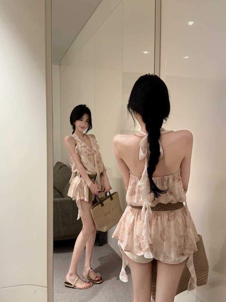 실사 프릴 불규칙 리본 프랑스식 꽃무늬 행침 목 캐미솔 몸매 가꾸기 민소매 맨위 상세 이미지 6
