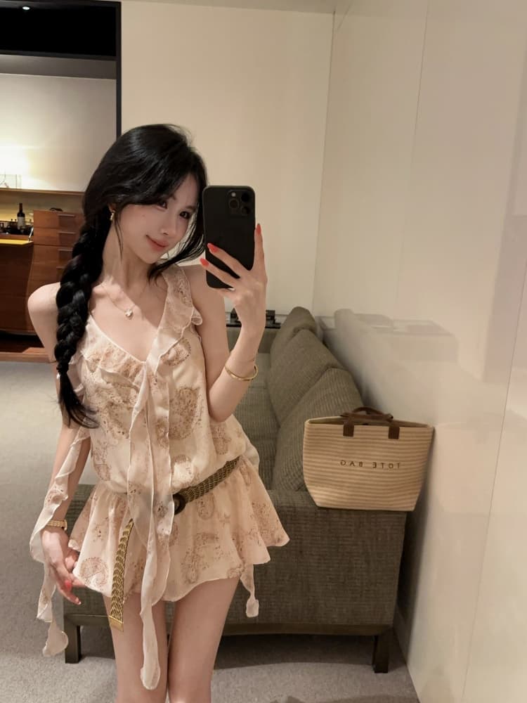 실사 프릴 불규칙 리본 프랑스식 꽃무늬 행침 목 캐미솔 몸매 가꾸기 민소매 맨위 상세 이미지 7