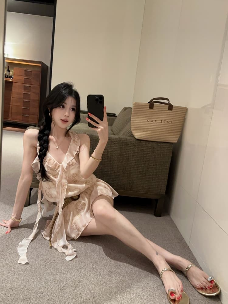 실사 프릴 불규칙 리본 프랑스식 꽃무늬 행침 목 캐미솔 몸매 가꾸기 민소매 맨위 상세 이미지 8