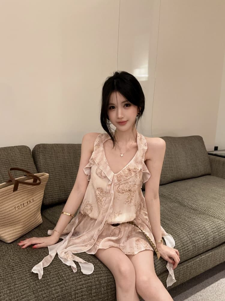 실사 프릴 불규칙 리본 프랑스식 꽃무늬 행침 목 캐미솔 몸매 가꾸기 민소매 맨위 상세 이미지 10