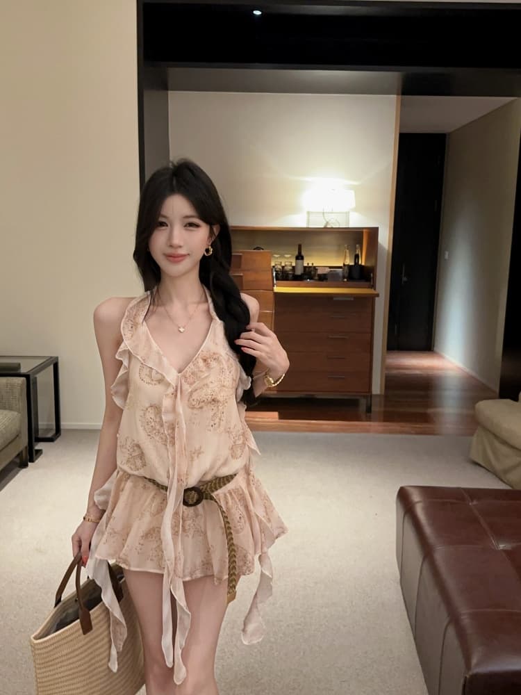 실사 프릴 불규칙 리본 프랑스식 꽃무늬 행침 목 캐미솔 몸매 가꾸기 민소매 맨위 상세 이미지 13