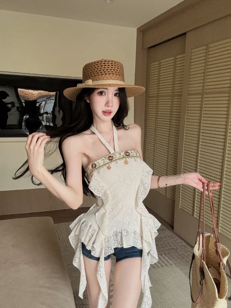 실사 순수한 욕망 핫걸 레트로 보헤미안 바람 섹시함 행침 목 디자인 센스 불규칙 리본 맨위 상세 이미지 1