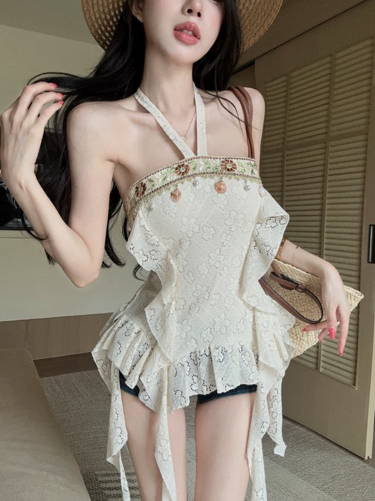 실사 순수한 욕망 핫걸 레트로 보헤미안 바람 섹시함 행침 목 디자인 센스 불규칙 리본 맨위 상세 이미지 2