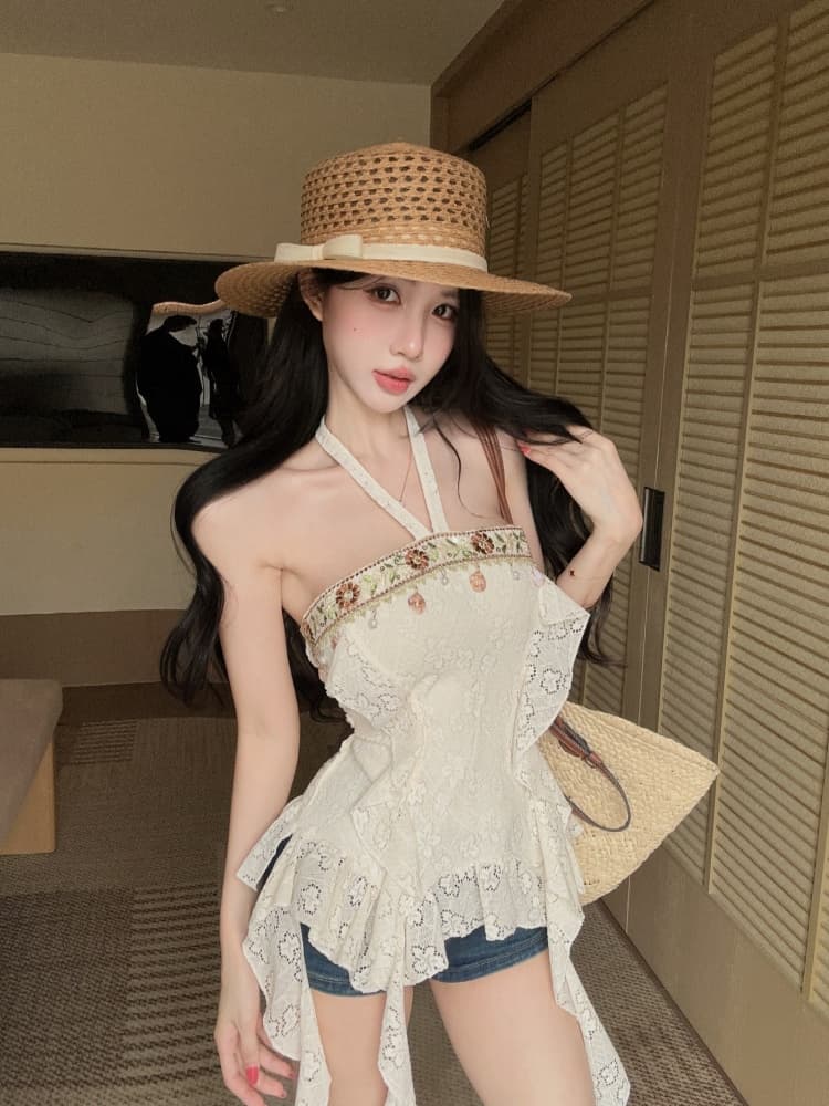 실사 순수한 욕망 핫걸 레트로 보헤미안 바람 섹시함 행침 목 디자인 센스 불규칙 리본 맨위 상세 이미지 5