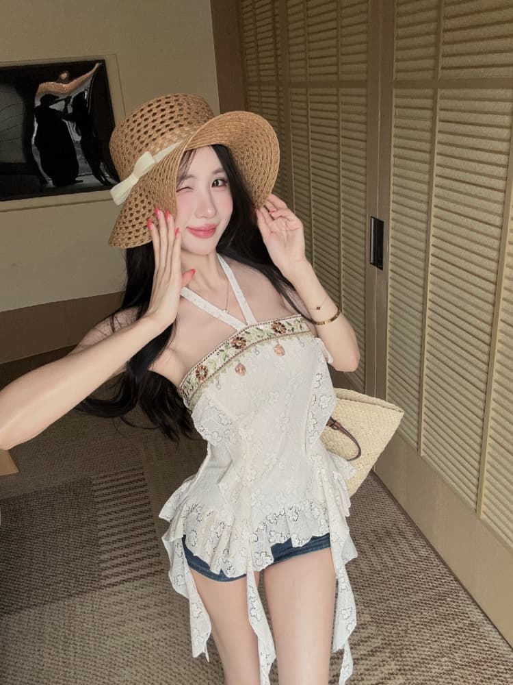 실사 순수한 욕망 핫걸 레트로 보헤미안 바람 섹시함 행침 목 디자인 센스 불규칙 리본 맨위 상세 이미지 6