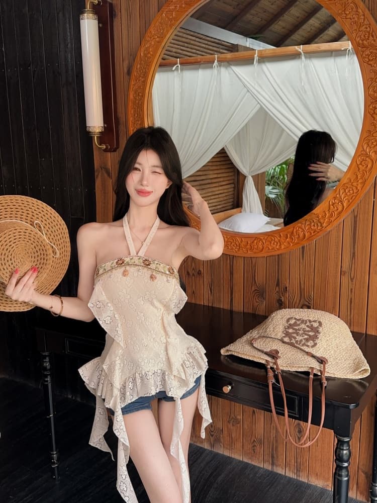 실사 순수한 욕망 핫걸 레트로 보헤미안 바람 섹시함 행침 목 디자인 센스 불규칙 리본 맨위 상세 이미지 8