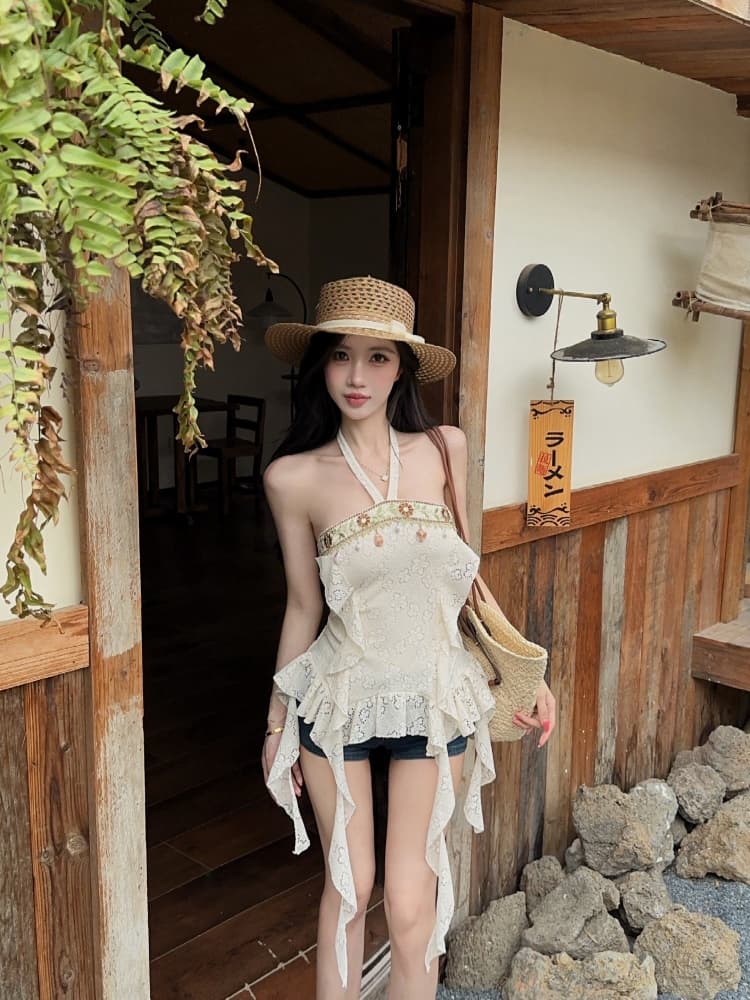 실사 순수한 욕망 핫걸 레트로 보헤미안 바람 섹시함 행침 목 디자인 센스 불규칙 리본 맨위 상세 이미지 10