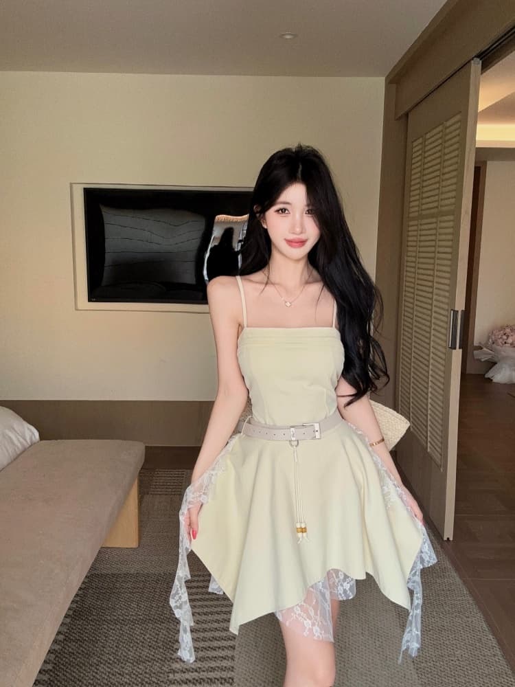 실사 아메리칸 레트로 핫걸 디자인 센스 불규칙 레이스 리본 패치워크 단색 몸매 가꾸기 드레스 상세 이미지 1