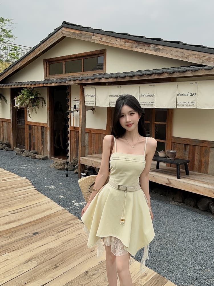 실사 아메리칸 레트로 핫걸 디자인 센스 불규칙 레이스 리본 패치워크 단색 몸매 가꾸기 드레스 상세 이미지 2