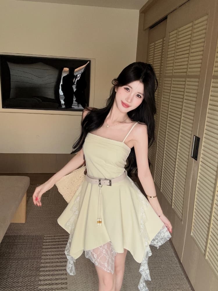 실사 아메리칸 레트로 핫걸 디자인 센스 불규칙 레이스 리본 패치워크 단색 몸매 가꾸기 드레스 상세 이미지 4