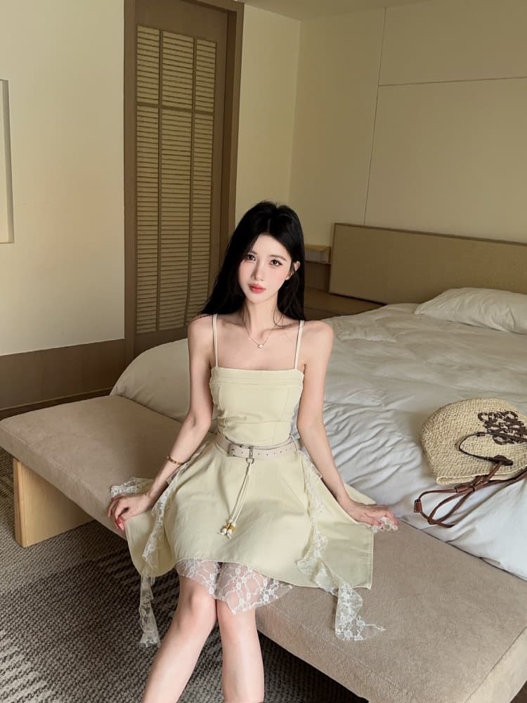 실사 아메리칸 레트로 핫걸 디자인 센스 불규칙 레이스 리본 패치워크 단색 몸매 가꾸기 드레스 상세 이미지 5