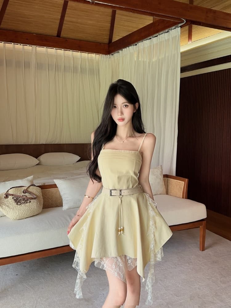 실사 아메리칸 레트로 핫걸 디자인 센스 불규칙 레이스 리본 패치워크 단색 몸매 가꾸기 드레스 상세 이미지 6
