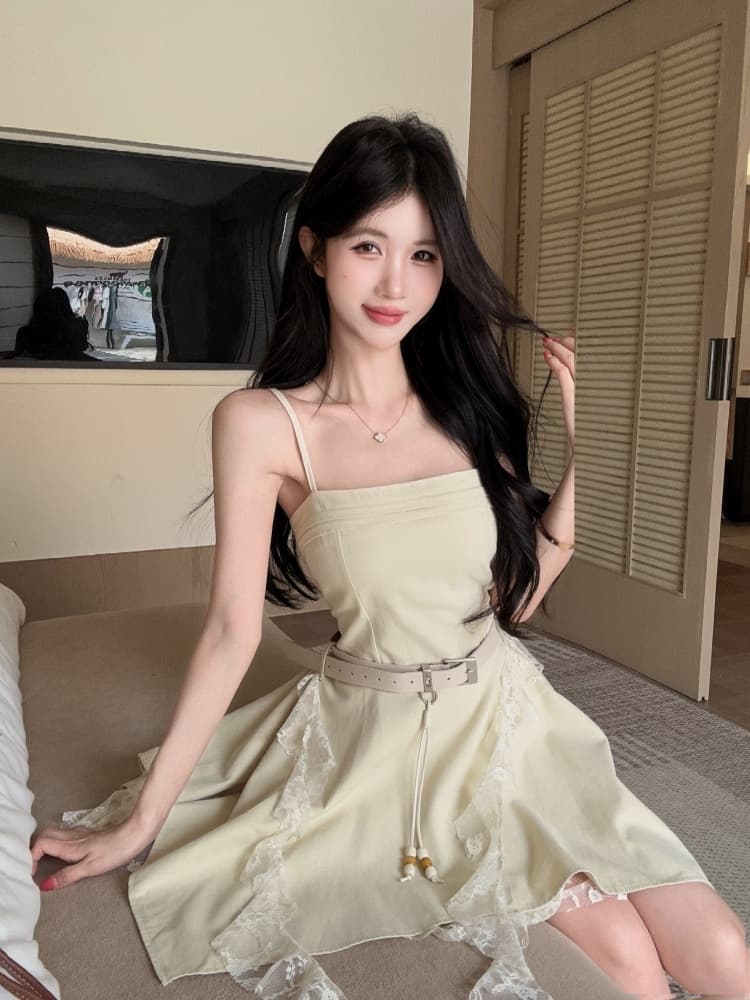 실사 아메리칸 레트로 핫걸 디자인 센스 불규칙 레이스 리본 패치워크 단색 몸매 가꾸기 드레스 상세 이미지 9