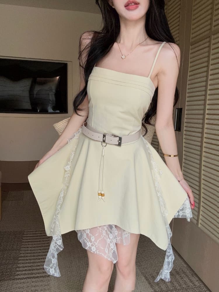 실사 아메리칸 레트로 핫걸 디자인 센스 불규칙 레이스 리본 패치워크 단색 몸매 가꾸기 드레스 상세 이미지 11