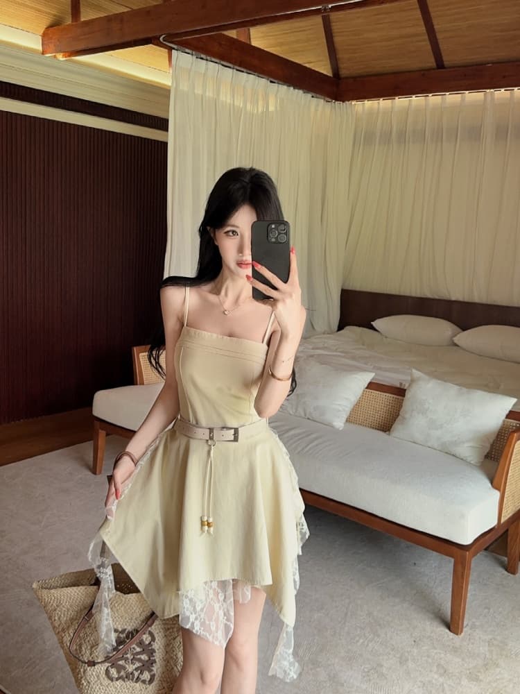 실사 아메리칸 레트로 핫걸 디자인 센스 불규칙 레이스 리본 패치워크 단색 몸매 가꾸기 드레스 상세 이미지 12