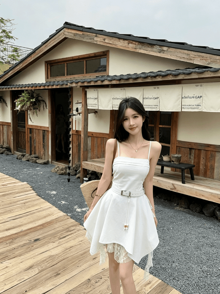 실사 아메리칸 레트로 핫걸 디자인 센스 불규칙 레이스 리본 패치워크 단색 몸매 가꾸기 드레스 상세 이미지 14