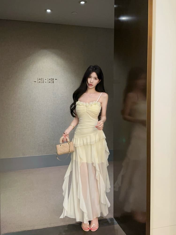 실사 프랑스식 핫걸 디자인 센스 꽃 품격 작은 대중 망사 불규칙 롱 코트 슬립 드레스 상세 이미지 9