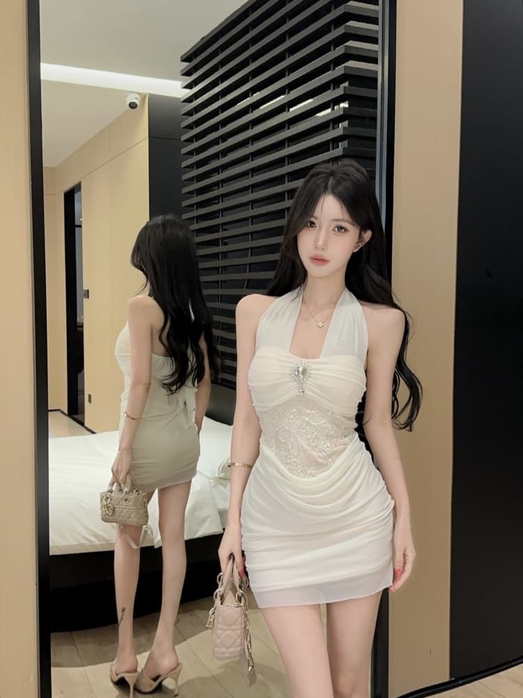 실사 고급 센스 작은 대중 섹시함 핫걸 행침 목 레이스업 백리스 망사 몸매 가꾸기 품격 드레스 상세 이미지 6