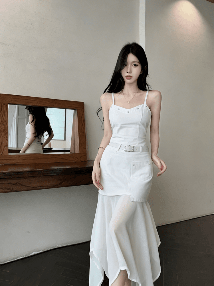 실사 순수한 욕망 핫걸 디자인 센스 징 슬립 맨위 비대칭 망사 패치워크 반신 치마 세트 이미지 4