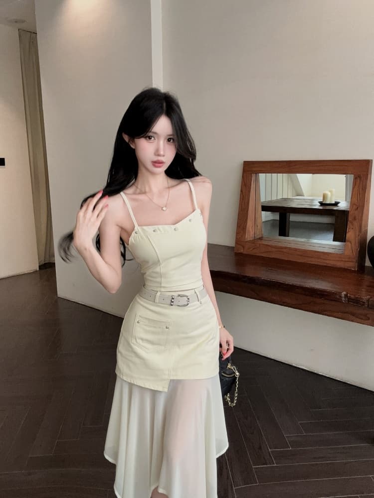 실사 순수한 욕망 핫걸 디자인 센스 징 슬립 맨위 비대칭 망사 패치워크 반신 치마 세트