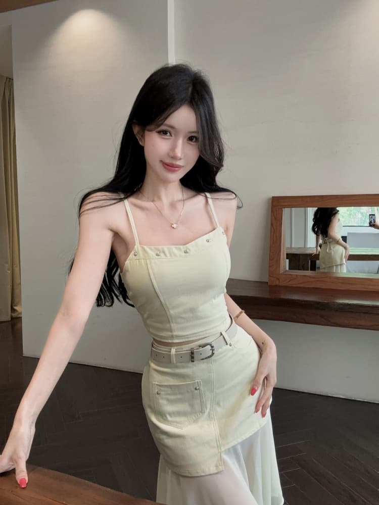 실사 순수한 욕망 핫걸 디자인 센스 징 슬립 맨위 비대칭 망사 패치워크 반신 치마 세트 상세 이미지 9