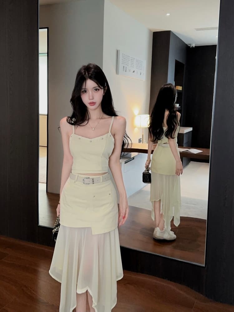 실사 순수한 욕망 핫걸 디자인 센스 징 슬립 맨위 비대칭 망사 패치워크 반신 치마 세트 상세 이미지 11