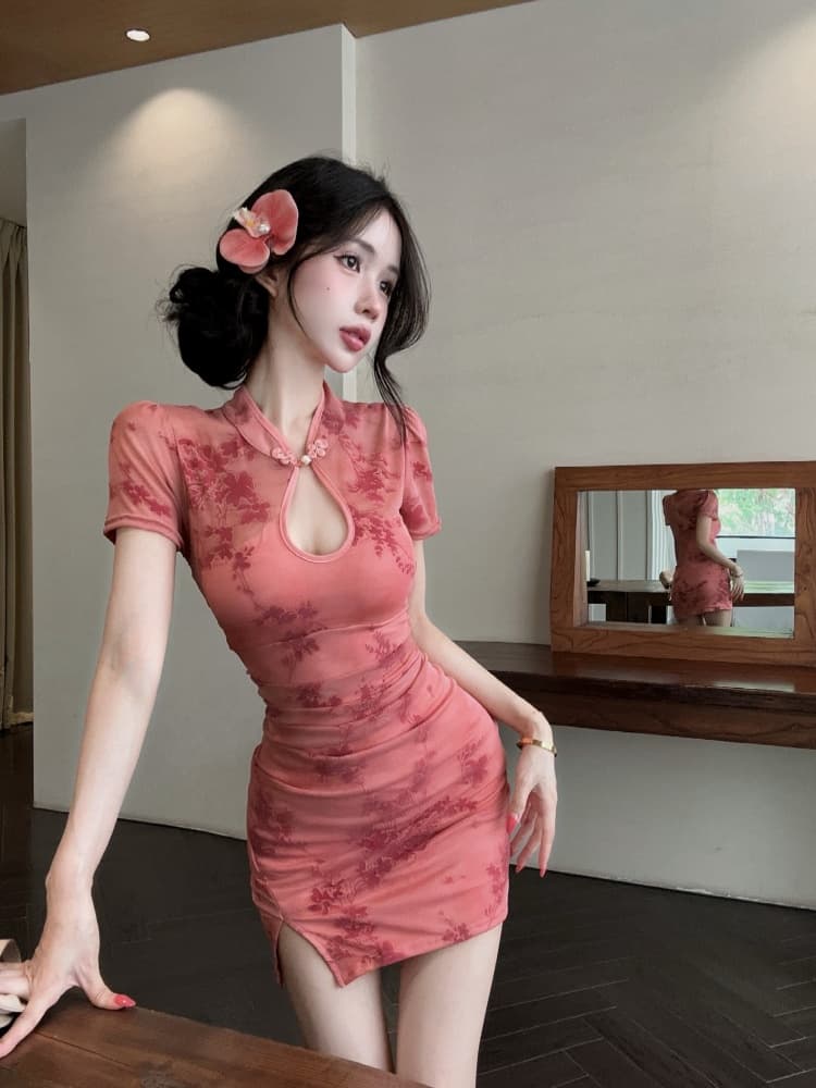 실사 순수한 욕망 핫걸 섹시함 홀로우 아웃 새로운 중식 개선 치파오 트임 몸매 가꾸기 반팔 드레스 상세 이미지 26