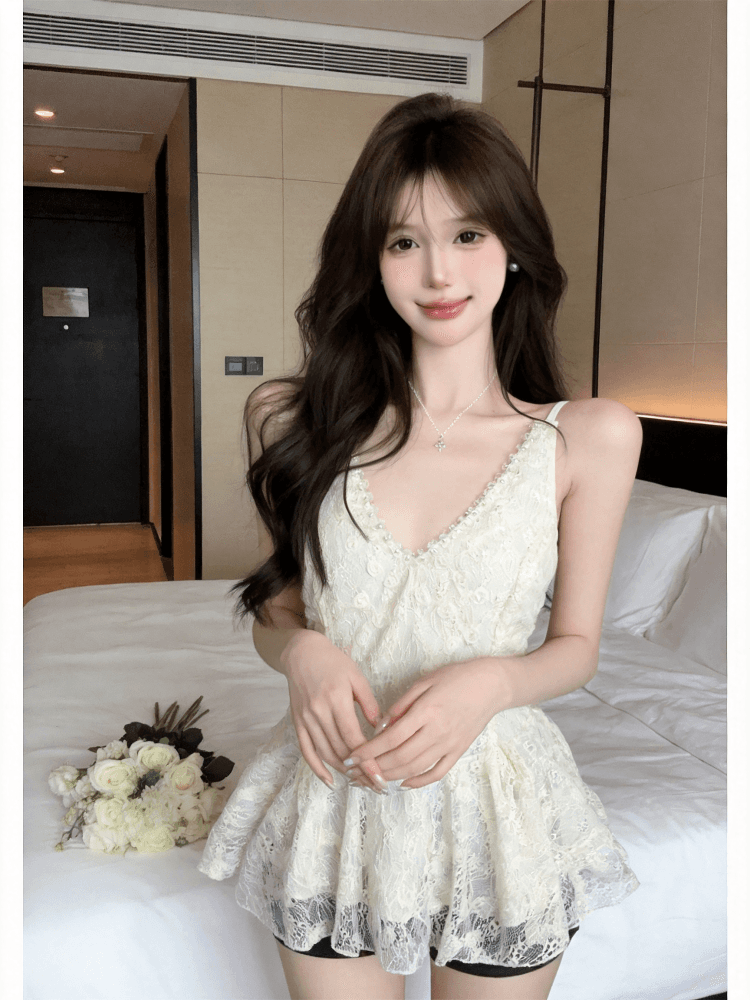 실사 핫걸 섹시함 레이스 조각 캐미솔 홀로우 아웃 디자인 센스 무거운 작업 비즈 박기 아름다운 맨위 상세 이미지 3