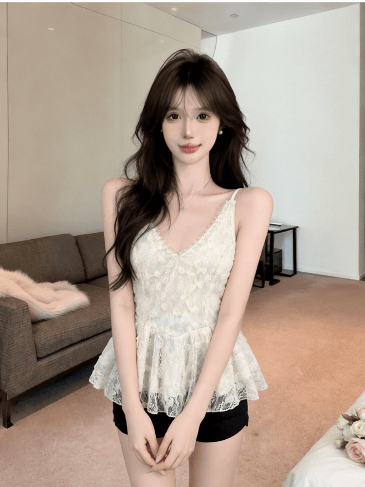 실사 핫걸 섹시함 레이스 조각 캐미솔 홀로우 아웃 디자인 센스 무거운 작업 비즈 박기 아름다운 맨위 상세 이미지 14
