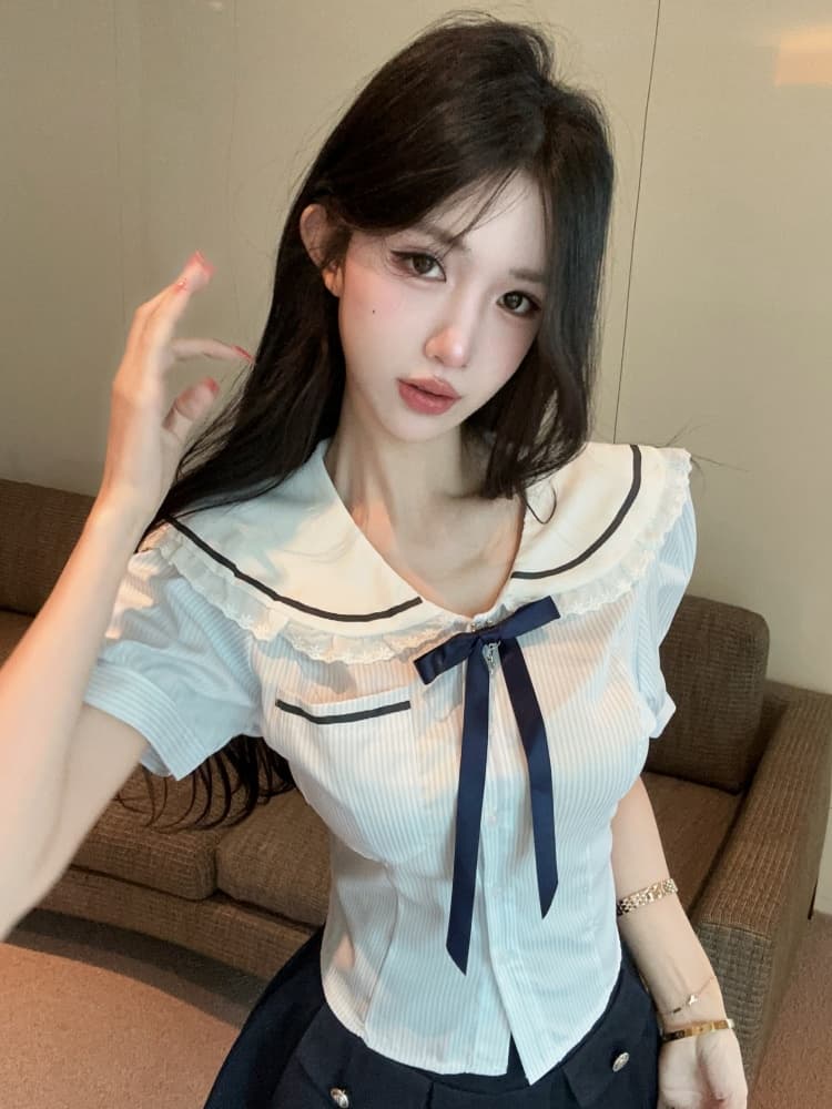 실사 순수한 욕망 핫걸 연령 감소 해군 칼라 스트라이프 레이스 조각 맨위 디자인 센스 하이웨이스트 미니 스커트 이미지 2