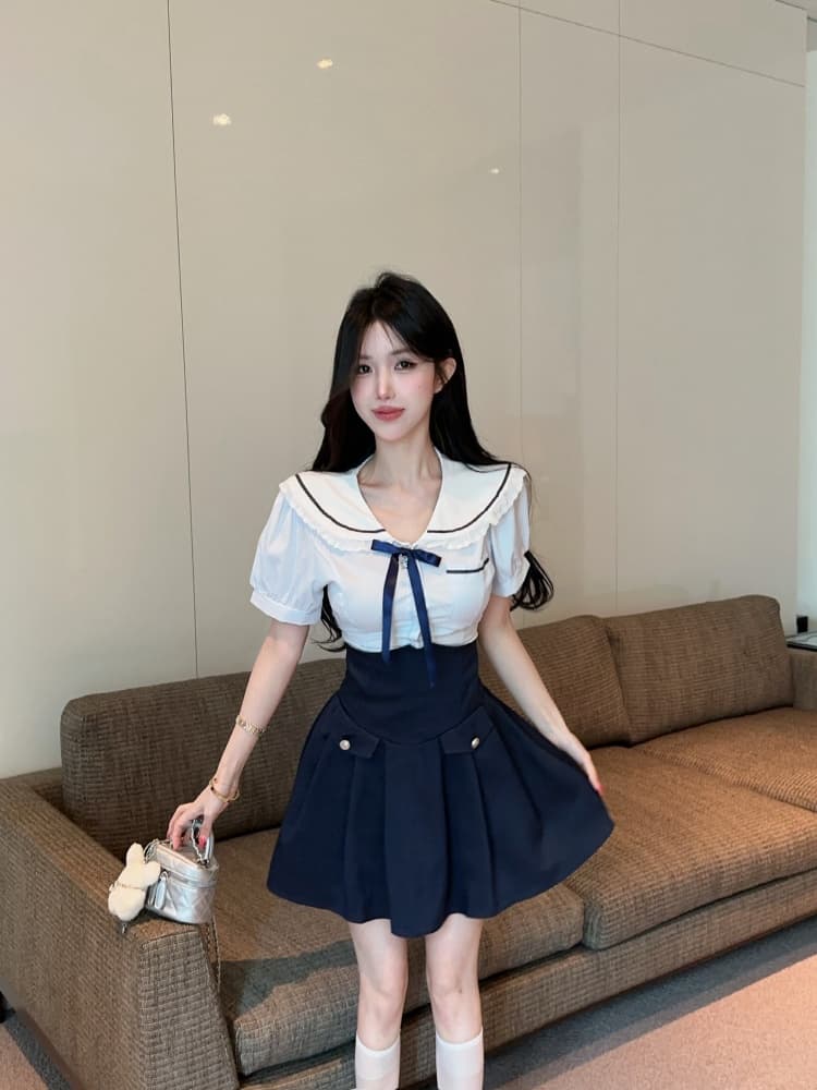 실사 순수한 욕망 핫걸 연령 감소 해군 칼라 스트라이프 레이스 조각 맨위 디자인 센스 하이웨이스트 미니 스커트 상세 이미지 1