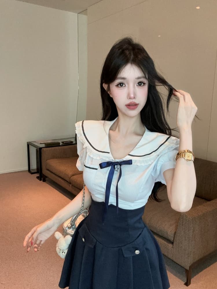 실사 순수한 욕망 핫걸 연령 감소 해군 칼라 스트라이프 레이스 조각 맨위 디자인 센스 하이웨이스트 미니 스커트 상세 이미지 2