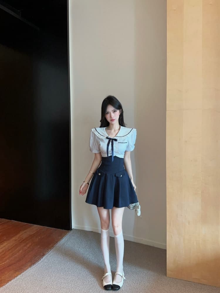실사 순수한 욕망 핫걸 연령 감소 해군 칼라 스트라이프 레이스 조각 맨위 디자인 센스 하이웨이스트 미니 스커트 상세 이미지 3