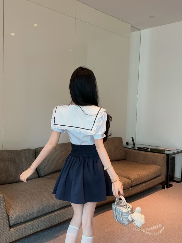실사 순수한 욕망 핫걸 연령 감소 해군 칼라 스트라이프 레이스 조각 맨위 디자인 센스 하이웨이스트 미니 스커트 상세 이미지 6