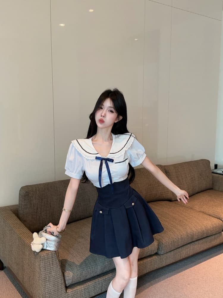 실사 순수한 욕망 핫걸 연령 감소 해군 칼라 스트라이프 레이스 조각 맨위 디자인 센스 하이웨이스트 미니 스커트 상세 이미지 9