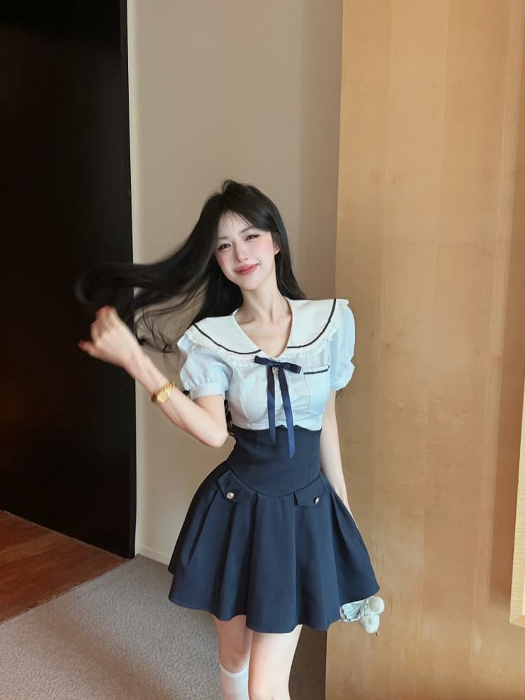 실사 순수한 욕망 핫걸 연령 감소 해군 칼라 스트라이프 레이스 조각 맨위 디자인 센스 하이웨이스트 미니 스커트 상세 이미지 10
